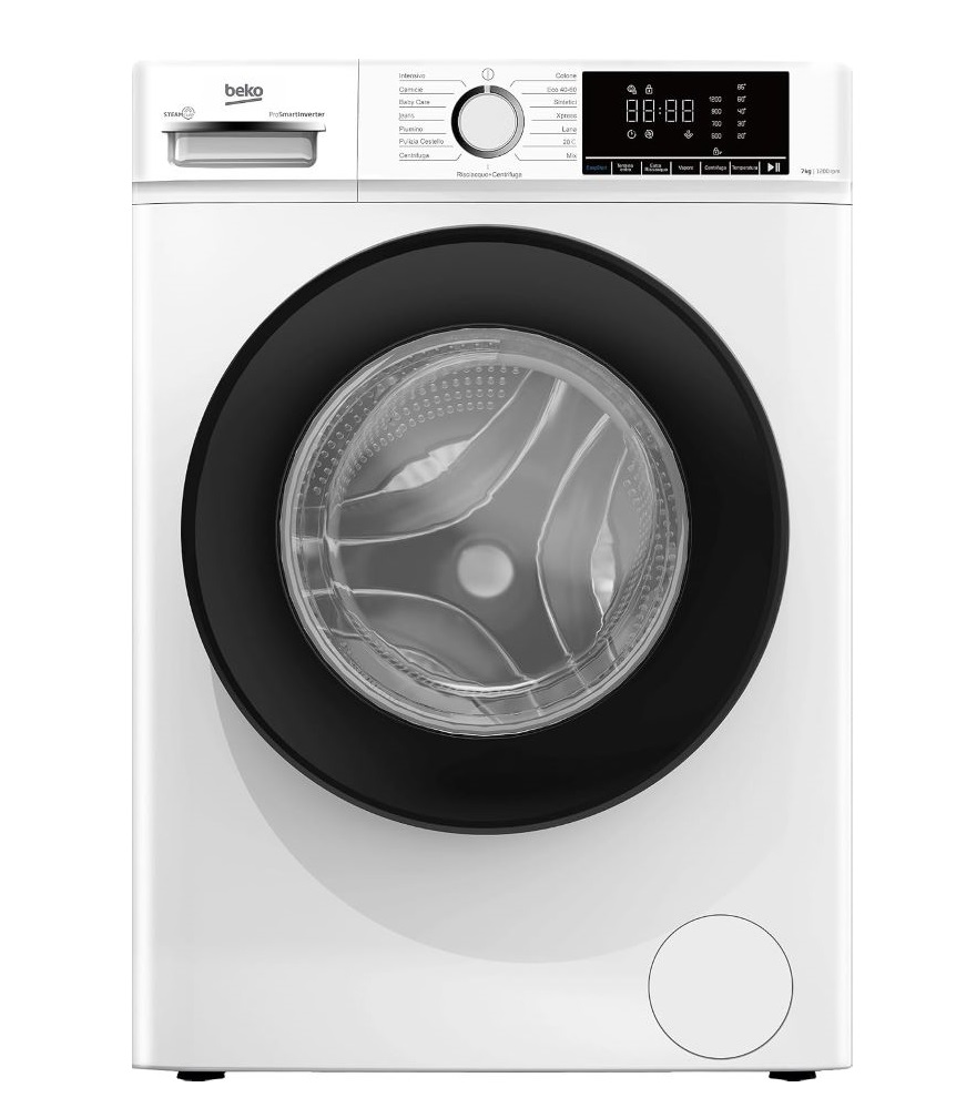 Beko b100 BMX7126DB 7kg classe A bianco, inverter 1200 giri, display XL, oblò nero, funzione vapore, Caricamento frontale, 7 kg, D, 76 dB, 1200 Giri/min, A