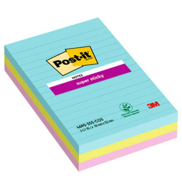 Blocco Post-it Super Sticky - 4690-SS3COS - a righe - 101 x 152 mm - colori Cosmic - 90 fogli - Post-it - conf. 3 pezzi