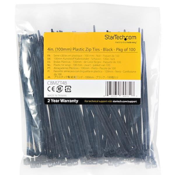 StarTech.com Fascette fermacavo riutilizzabili da 10 cm - Fascette in nylon autobloccanti, Omologati 94V-2/UL, 100 pezzi - nero (CBMZT4B) - Fascetta ferma-cavo - 10.16 cm - nero - Compatibile TAA (pacchetto di 100)