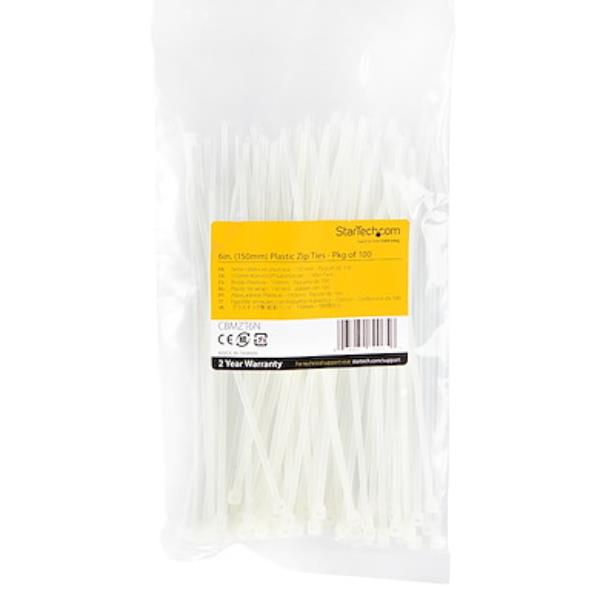 StarTech.com Fascette fermacavo riutilizzabili da 15 cm - Fascette in nylon autobloccanti, Omologati 94V-2/UL, 100 pezzi - bianco (CBMZT6N) - Fascetta ferma-cavo - 15.24 cm - bianco - Compatibile TAA (pacchetto di 100)