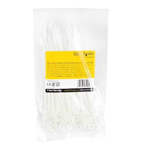 StarTech.com Fascette fermacavo da 15 cm con foro di montaggio - Fascette di Nylon 66 autobloccanti, 100 pezzi (CBMZTS10N6) - Fascetta ferma-cavo - 17.2 cm - bianco - Compatibile TAA (pacchetto di 100)
