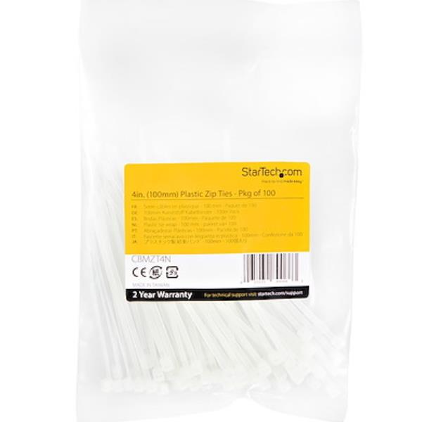 StarTech.com Fascette fermacavo riutilizzabili da 10 cm - Fascette in nylon autobloccanti, Omologati 94V-2/UL, 100 pezzi - bianco (CBMZT4N) - Fascetta ferma-cavo - 10.16 cm - bianco - Compatibile TAA (pacchetto di 100)
