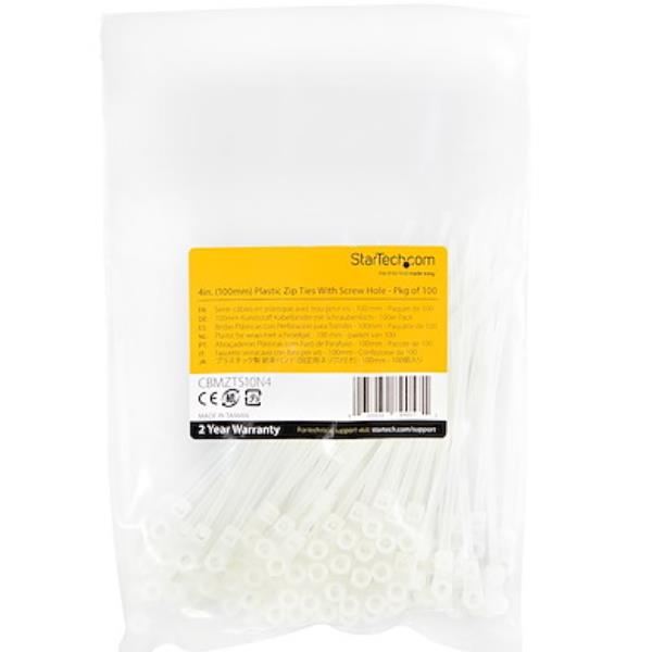 StarTech.com Fascette fermacavo da 10 cm con foro di montaggio /per viti - Fascette di Nylon 66 autobloccanti, 100 pezzi (CBMZTS10N4) - Fascetta ferma-cavo - 10.16 cm - bianco - Compatibile TAA (pacchetto di 100)