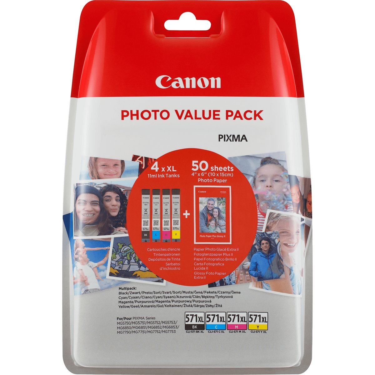 Canon CLI-571 XL C/M/Y/BK Photo Value Pack - Confezione da 4 - 11 ml - nero, giallo, ciano, magenta - originale - kit cartuccia inchiostro / carta - per PIXMA TS5051, TS5053, TS5055, TS6050, TS6051, TS6052, TS8051, TS8052, TS9050, TS9055