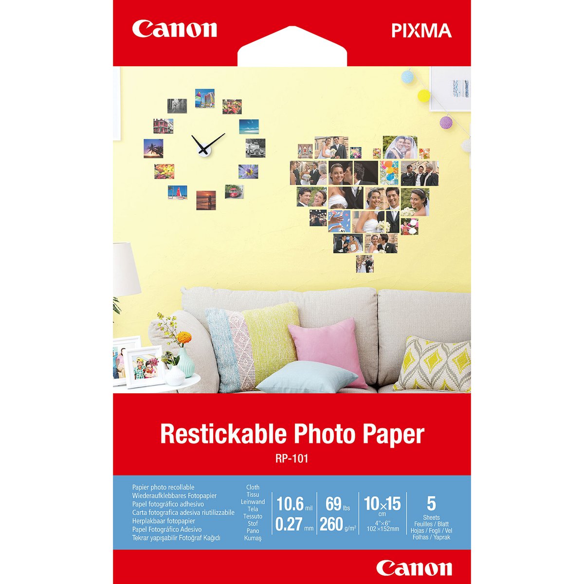 Canon Restickable Photo Paper RP-101 - Opaca - adesivo rimovibile - 10,6 mil - 100 x 150 mm - 260 g/m² - 69 libbre - 5 fogli fotografie adesive - per PIXMA TS7450i