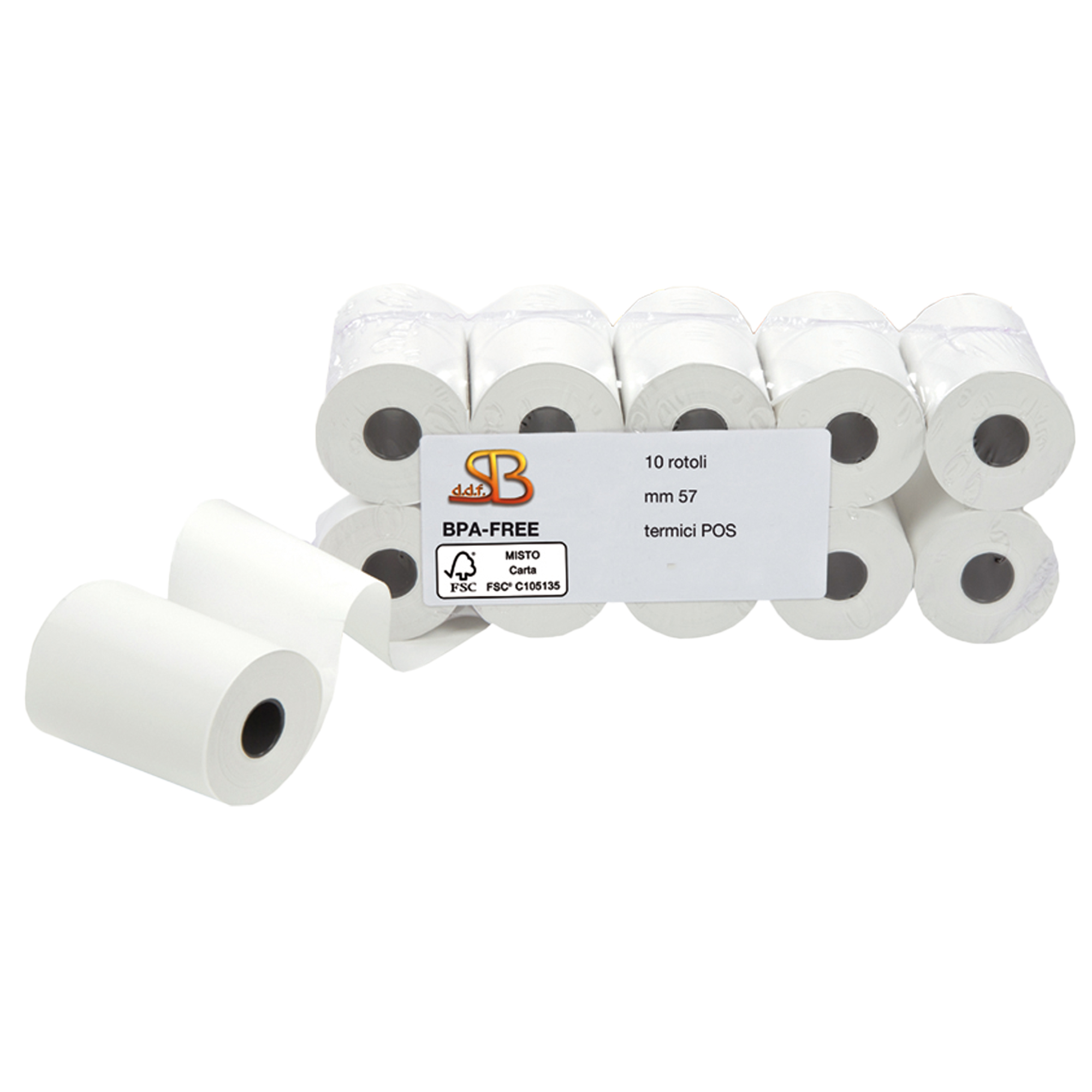 Rotolo per POS e carta di credito - 57 mm x 20 m - 55 gr - diametro esterno 40 mm - anima 12 mm - carta termica BPA free - Sabacart - blister 10 pezzi