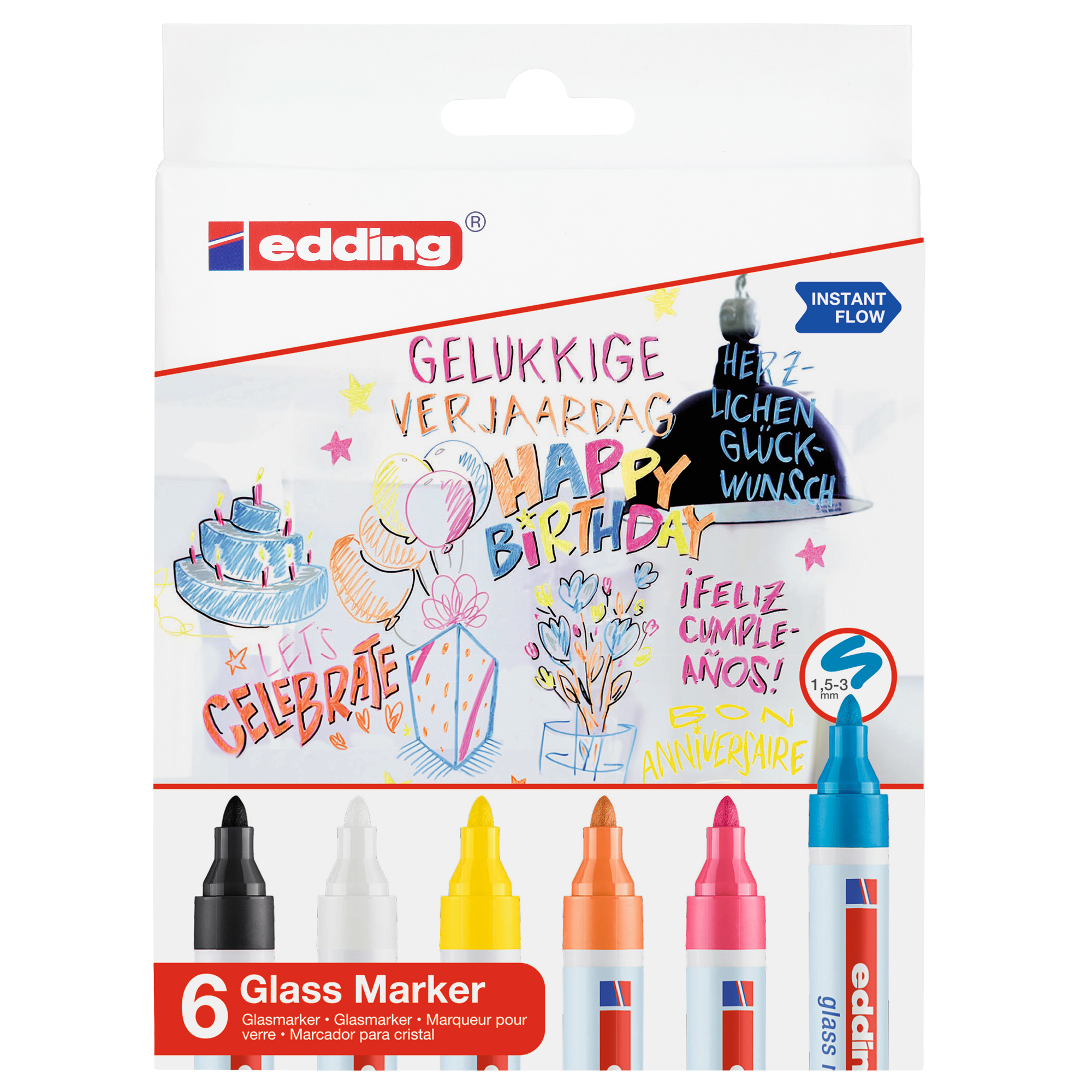 Marcatore per vetro 95 - punta tonda - da 1,5 a 3 mm - colori assortiti - Edding - conf. 6 pezzi