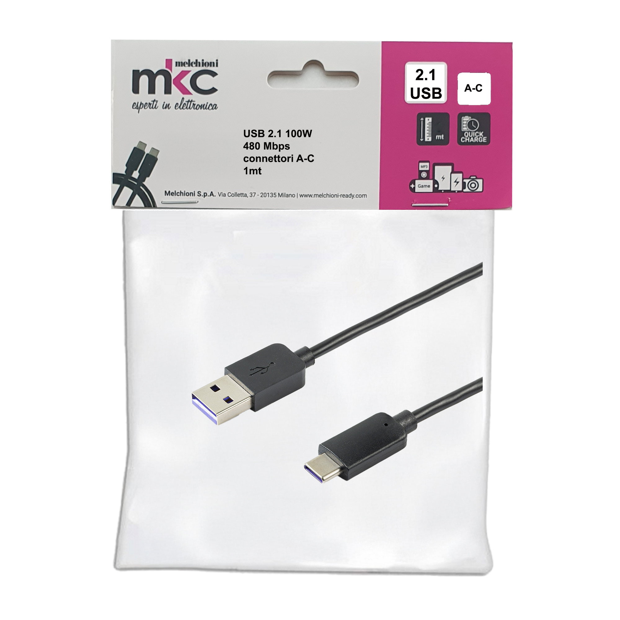 Cavo USB - 2.0 A/C - 100W - 480Mbps - 1 mt - MKC Melchioni