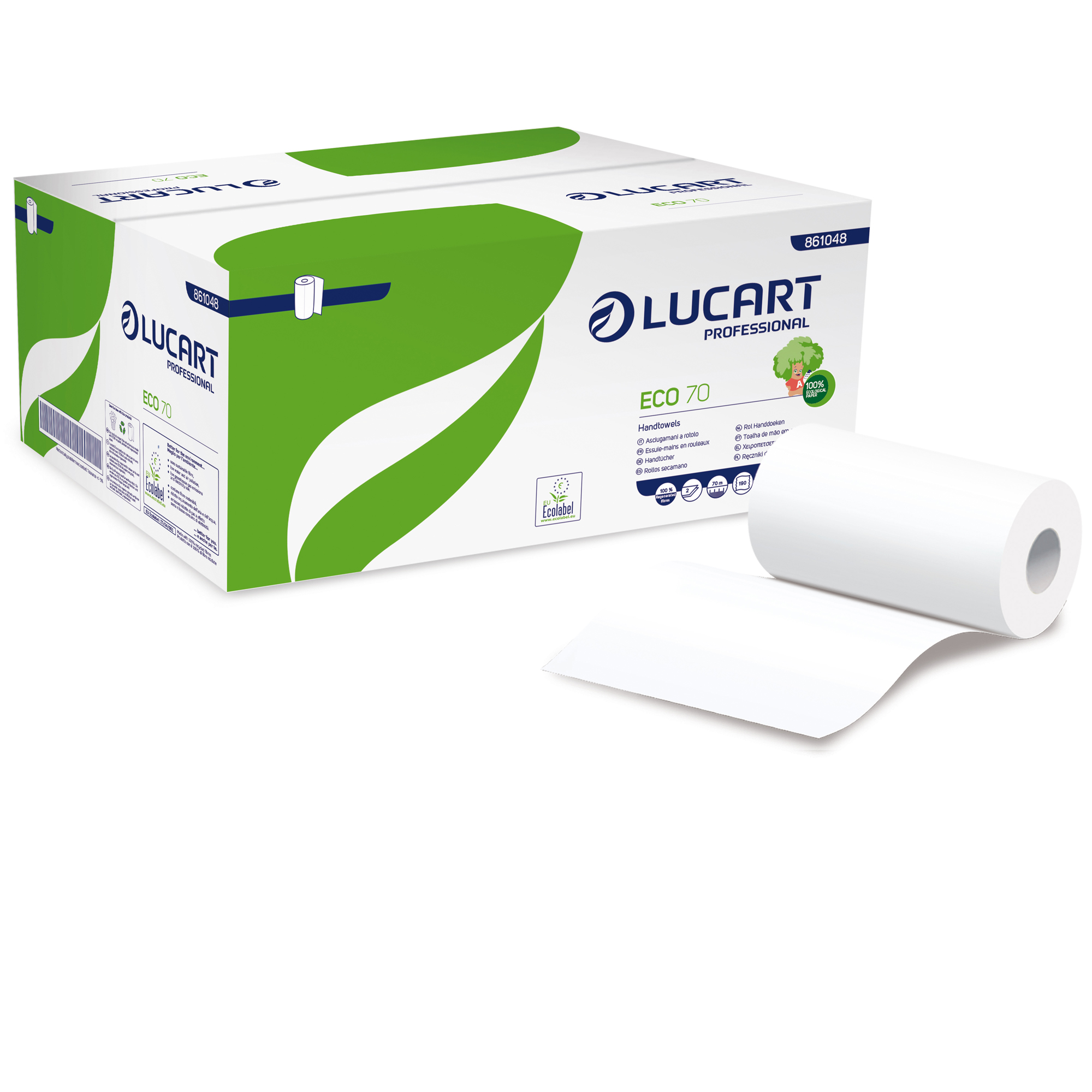 Asciugamani in rotolo Eco 70 - Mini - 228  mm x 70 mt - diametro 13 cm - 2 veli - 18,5 gr - 190 strapppi - goffratura micro+ - bianc o - Lucart