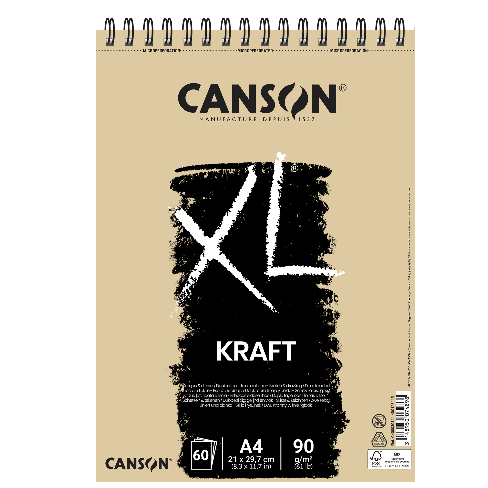 Album spiralato lato corto XL kraft - A4 - 90 gr - 60 fogli - Canson