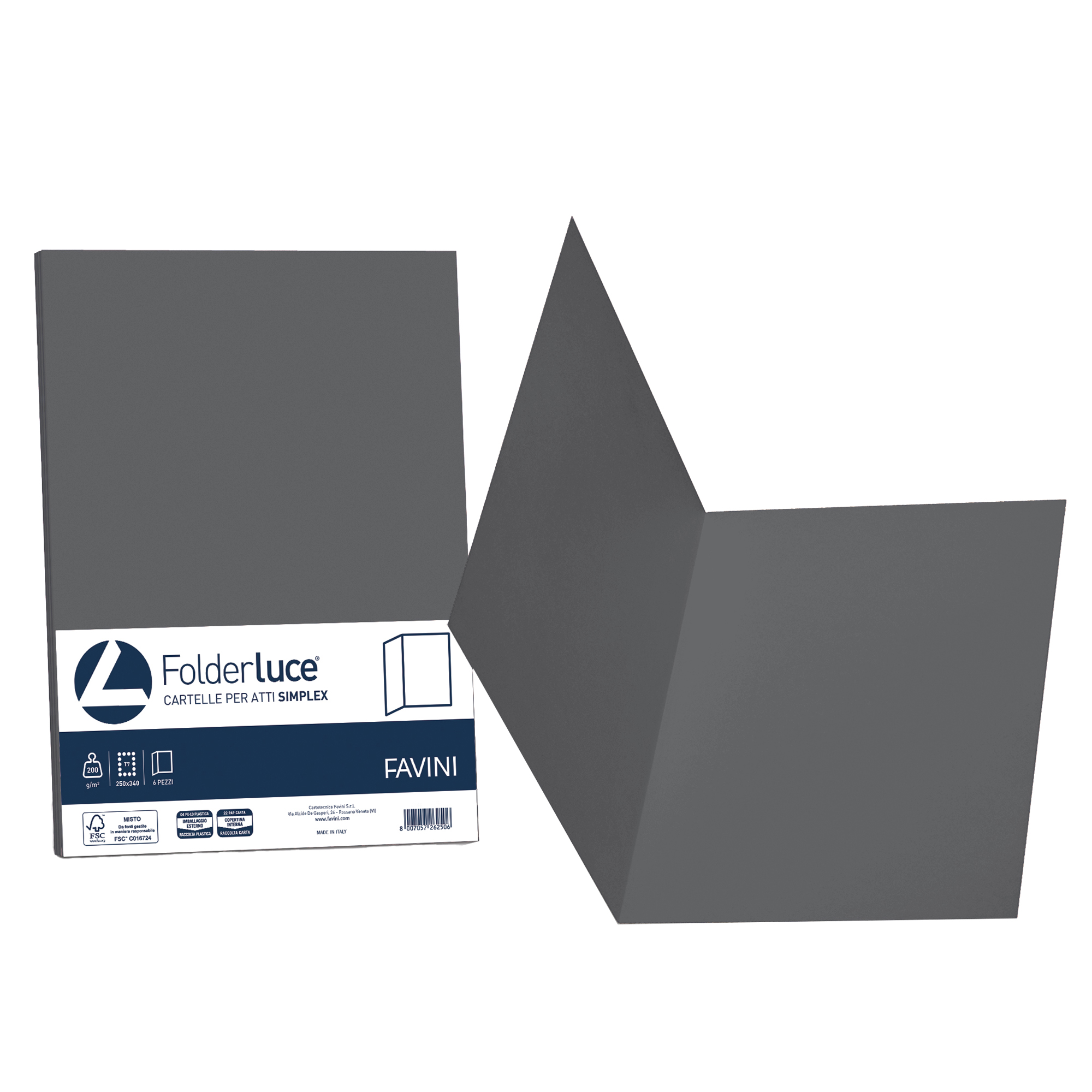 Cartellina semplice Luce - 200 gr - A4 - grafite - cartoncino bristol - Favini - conf. 50 pezzi
