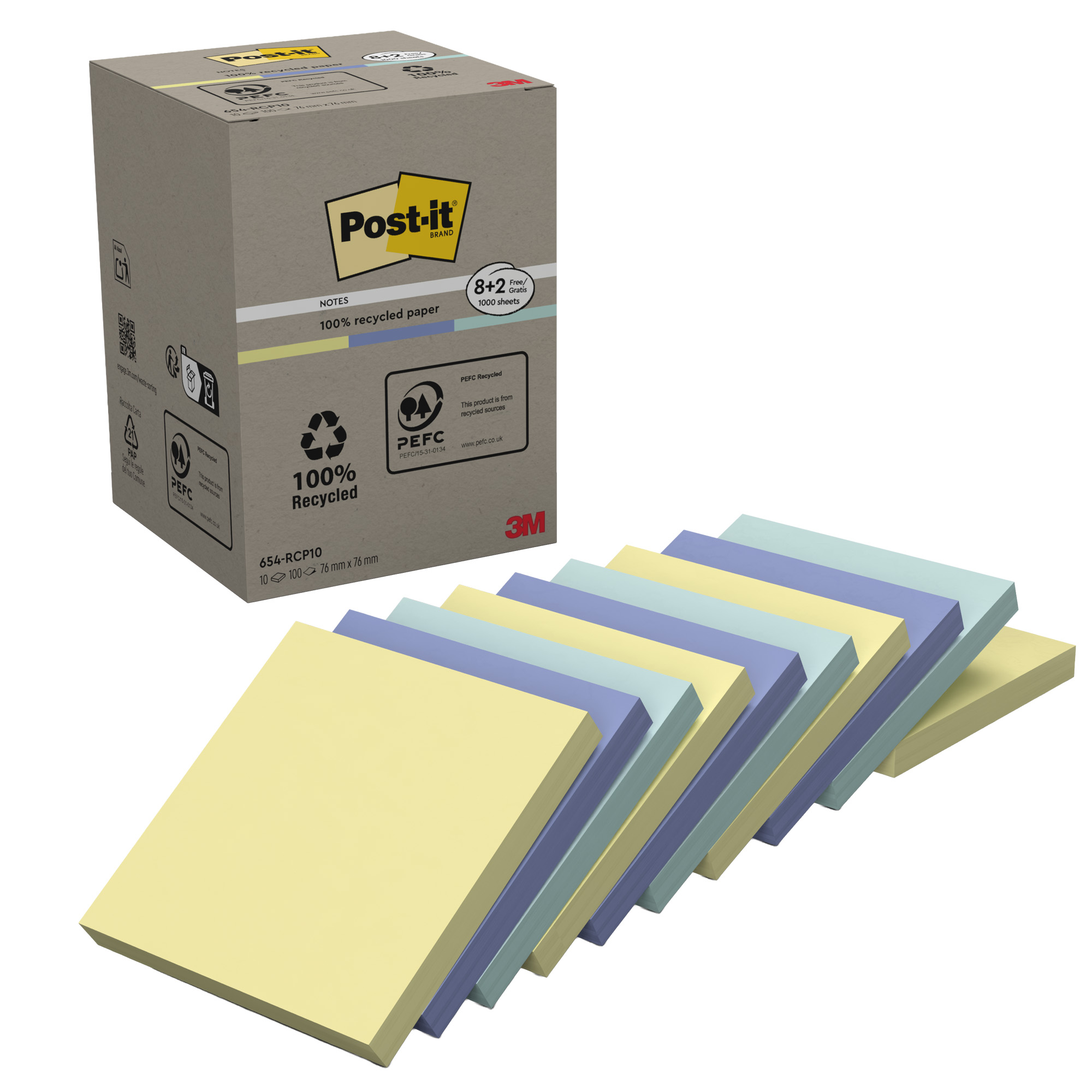 Blocco foglietti Post-it - 654-RCP10 - 76 x 76 mm - carta riciclata - colori pastel - 100 fogli - Post-it - conf. 10 pezzi