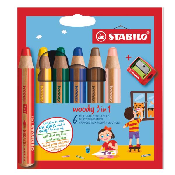 Pastelli Woody 3 in 1 - diametro mina 10 mm - con temperino - Stabilo - astuccio 6 pezzi