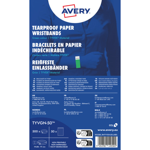 Braccialetti identificativi - in Tyvek - verde fluo - 265 x 19 mm - 50 fogli - 10 et/fg - Avery - Conf. 500 pezzi
