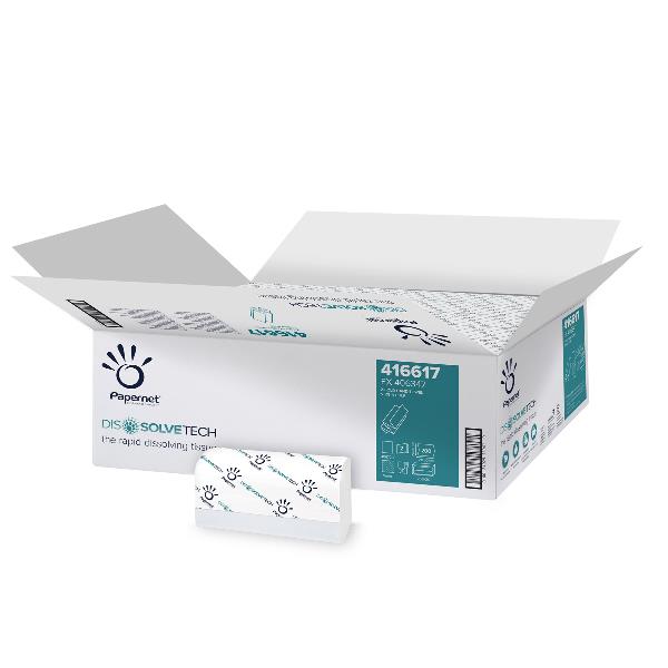 Asciugamani piegati a Z Dissolve Tech - 2 veli - 20 gr - goffratura a onda - 20,3 x 24 cm - bianco - Papernet - conf. 200 pezzi