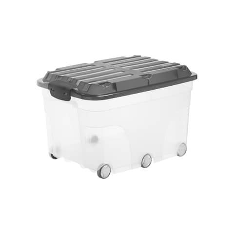 Contenitore Roller 6 - con ruote - 59,5x40x37 cm - 57 L - PPL - coperchio nero - trasparente - Rotho