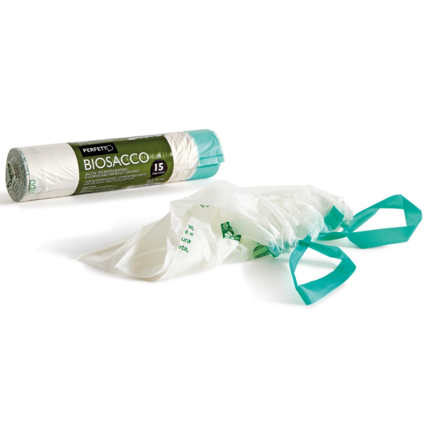 Biosacco per immondizia - 42x42 cm - 10 L - 19 micron - bianco - Perfetto - rotolo da 15 sacchi