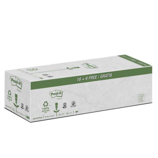 Blocco Post-it - 654-RYP24 - 76 x 76 mm - carta riciclata - giallo - 100 fogli - Post-it - conf. 24 blocchi