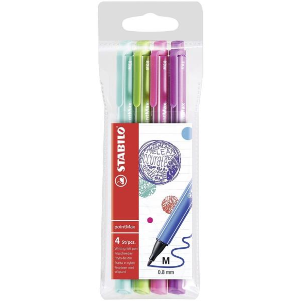 Pennarello PointMax punta feltro - punta 0,80mm - Stabilo - astuccio 4 colori: azzurro,verde,rosa,viola
