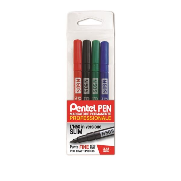 Marcatore permanente N50S - punta tonda - astuccio 4 colori assortiti - Pentel
