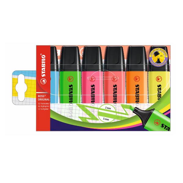 Evidenziatore Boss Original - punta a scalpello - tratto 2 - 5 mm - colori assortiti - Stabilo - busta 6 pezzi