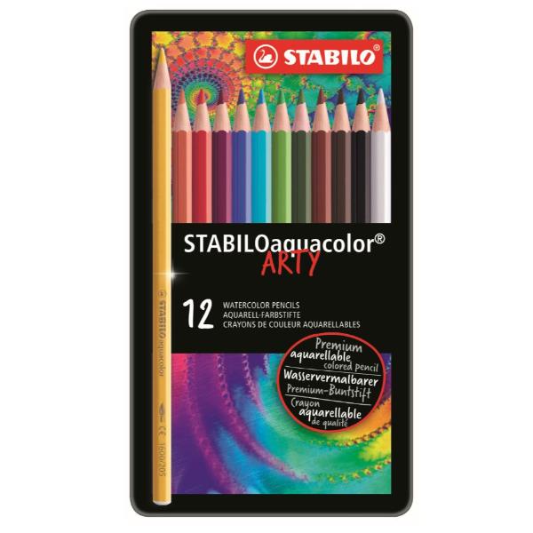 Pastello Aquacolor 1612 - tratto 2,80 mm - colori assortiti - Stabilo - astuccio in metallo 12 pezzi