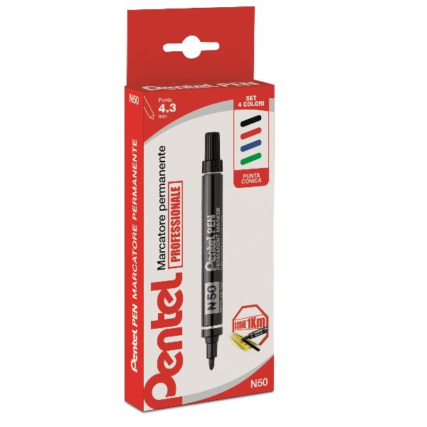 Marcatore permanente N50 - punta tonda - astuccio 4 colori assortiti - Pentel