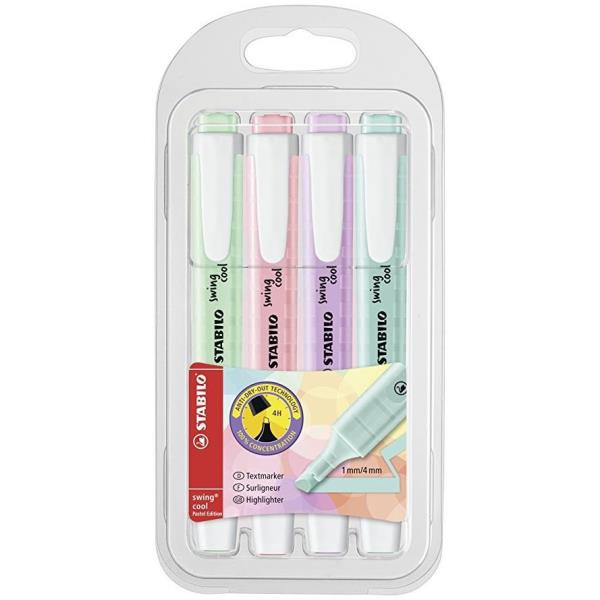Evidenziatore Swing Cool Pastel - punta a scalpello - tratto 1 - 4 mm - colori assortiti classic - Stabilo - astuccio 4 pezzi