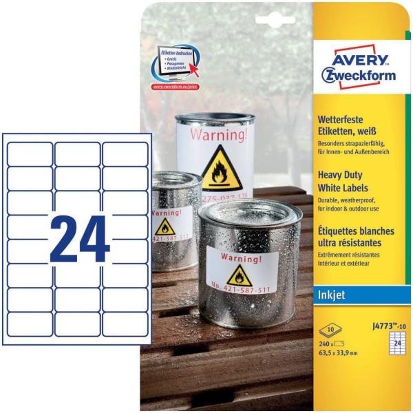 Etichetta in poliestere J4773 - adatta a stampanti inkjet - 63,5x33,9 mm - 24 etichette per foglio - bianco - Avery - conf. 10 fogli A4