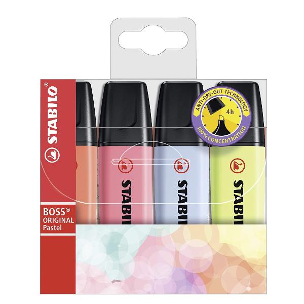 Evidenziatori Stabilo Boss Pastel - punta a scalpello - tratto 2 - 5 mm - colori assortiti - Stabilo - astuccio 4 pezzi