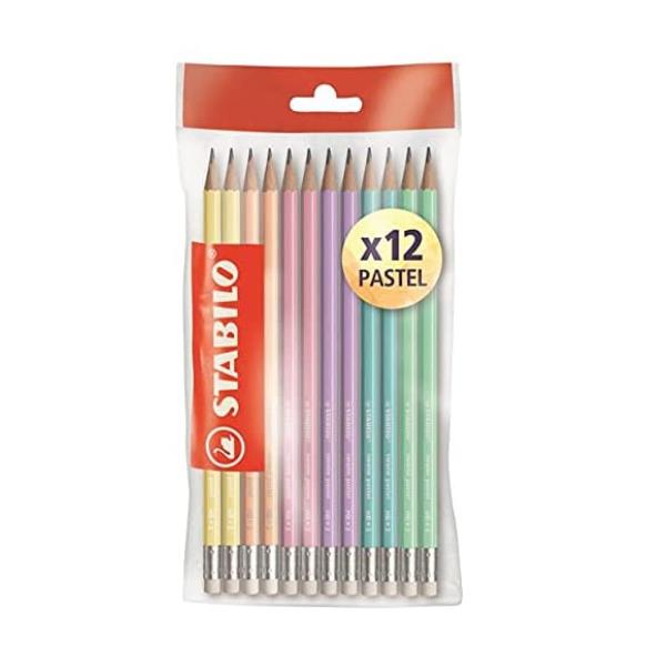 Matita in grafite Swano pastel - gradazione HB - con gommino - fusto in 6 colori pastel - Stabilo - conf. 12 pezzi