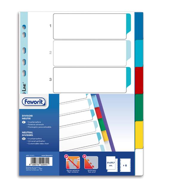 Divisori Neutri a 6 tacche - PP - A4 - colori assortiti - Favorit