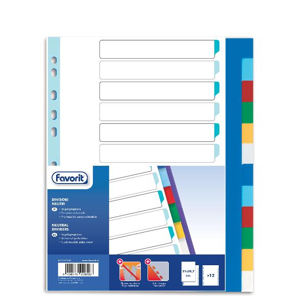 Divisori Neutri a 12  tacche - PP - A4 - colori assortiti - Favorit