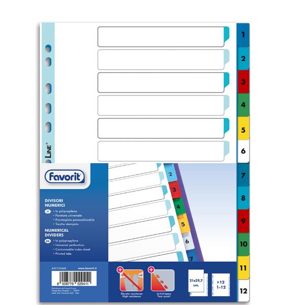 Divisori numerici 12 tacche - A4 - PP - colori assortiti - Favorit
