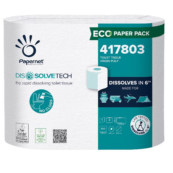 Carta igienica DissolveTech - 9,5 cm x 94 mt - diametro 12,1 cm - 850 strappi - Papernet - pacco 4 rotoli