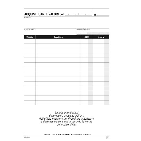 Blocco distinta acquisto carte valori - 50/50 copie autoricalcanti - 21,5 x 14,8 cm -DU1649C0000 - Data Ufficio