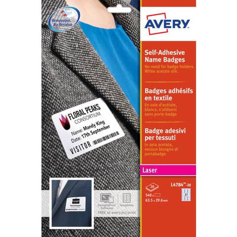 Etichette badge - in seta acetata - angoli arrotondati - laser - rimovibili - 63,5 x 29,6 mm - 27 et/fg - 25 fogli - bianco - Avery
