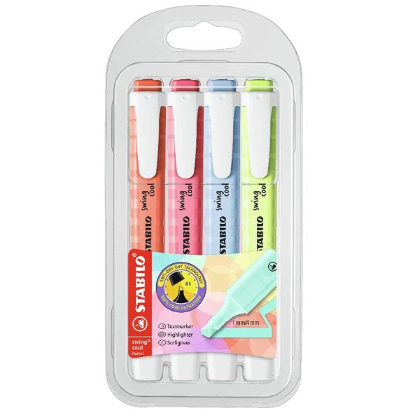 Evidenziatore Swing Cool Pastel - punta scalpello - tratto 1 - 4 mm - colori assortiti - Stabilo - astuccio 4 pezzi