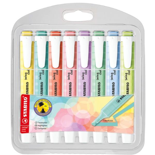 Evidenziatore Swing Cool Pastel - punta a scalpello - tratto 1 - 4 mm - colori assortiti - Stabilo - astuccio 8 pezzi