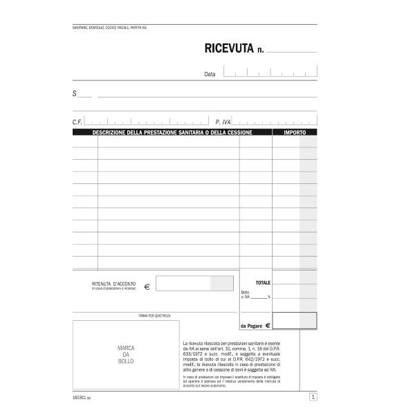 Blocco ricevute sanitarie numerate - 100/2 copie autoricalcanti - 21,5x14,8cm - DU1653C1000 - Data Ufficio