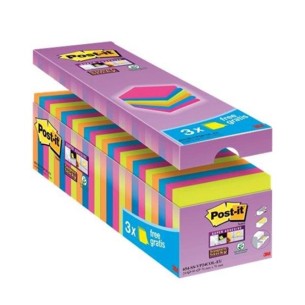 Blocco foglietti Post-it Super Sticky - 654-SS-VP24COL - 76 x 76 mm - colori assortiti - 90 fogli - Post-it - conf. 24 blocchi