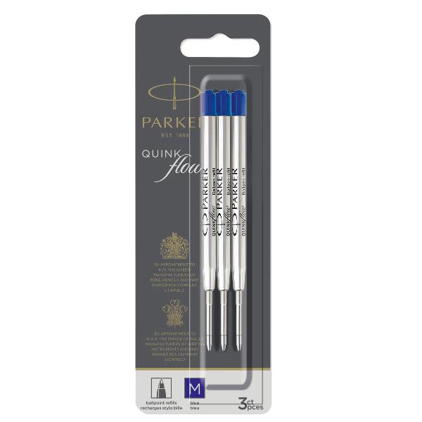Refill sfera QuinkFlow - punta media - metallo - blu - Parker - blister 3 pezzi