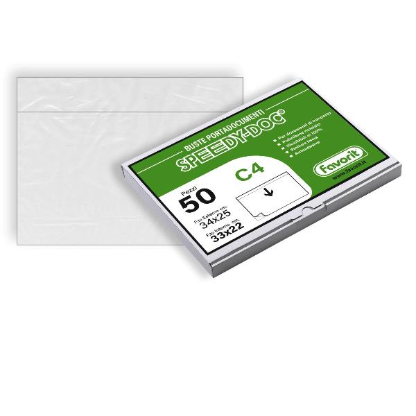Busta adesiva Speedy Doc - senza stampa - C4 (33 x 22 cm) - LDPE - trasparente - Favorit - conf. 50 pezzi