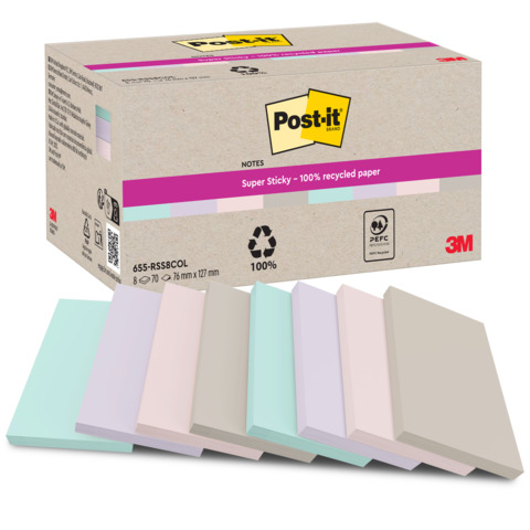 Blocco foglietti Post-it SuperSticky - 622R-SS8COL - 75 x 127 mm - carta riciclata - assortiti - 70 fogli - Post-it - conf. 8 blocc hi