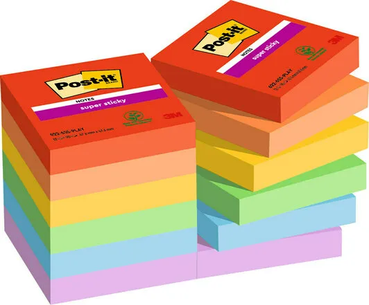 Blocco Post-it Super Sticky - 622-12SS-PLAY - 47,6 x 47,6 mm - colori Playful - 90 fogli - Post-it - conf. 12 pezzi
