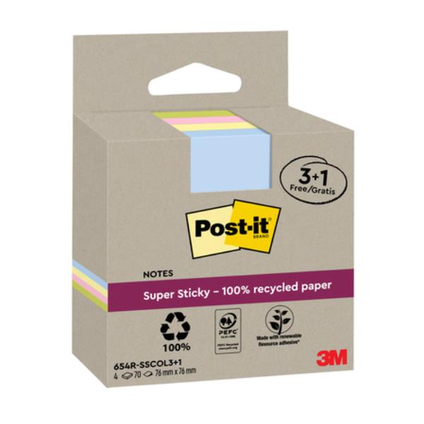 Blocco foglietti Post-it SuperSticky Green - SSCOL14+4 - 76 x 76 mm - carta riciclata - colori pastello assortiti - 70 fogli - Post-it - conf. 18 blocchi