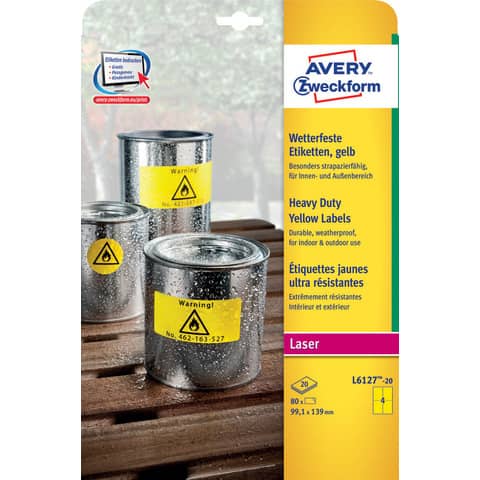 Etichette adesive L6127 - in poliestere - laser - permanenti - 99,1 x 139 mm - 4 et/fg - 20 fogli - giallo fluo - Avery