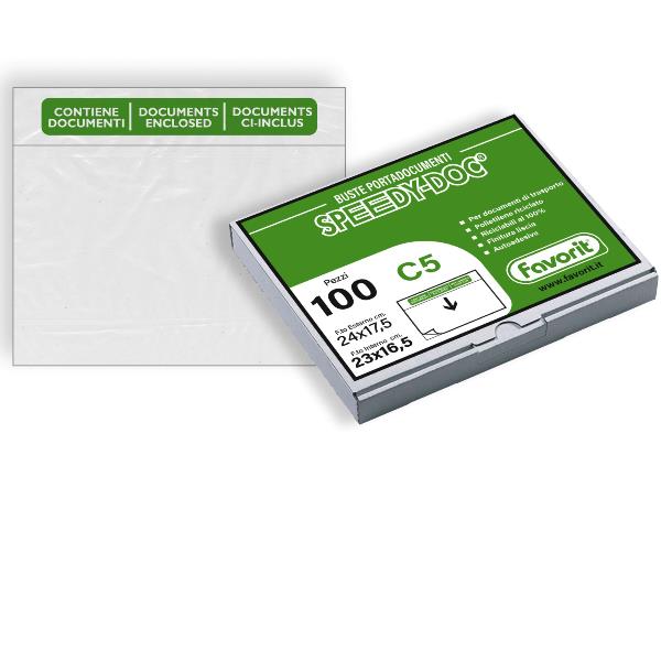 Busta adesiva Speedy Doc - con stampa "contiene documenti" - C5 (23 x 16,5 cm) - LDPE - trasparente - Favorit - conf. 100 pezzi