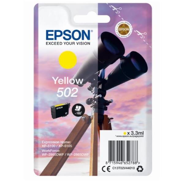 Epson 502 - 3.3 ml - giallo - originale - blister con radiofrequenza / allarme acustico - cartuccia d'inchiostro - per Expression Home XP-5100, XP-5150; WorkForce WF-2860, WF-2865DWF, WF-2880DWF, WF-2885DWF