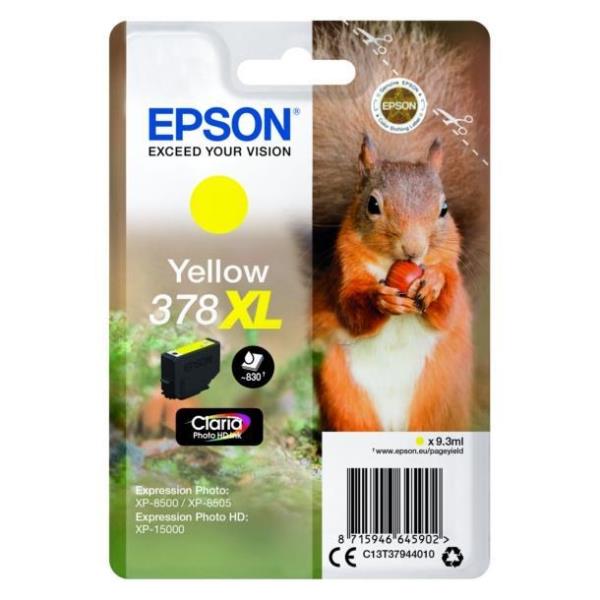 Epson 378XL - 9.3 ml - XL - giallo - originale - blister con radiofrequenza / allarme acustico - cartuccia d'inchiostro - per Expression Home XP-8605, 8606; Expression Home HD XP-15000; Expression Photo XP-8500, 8700